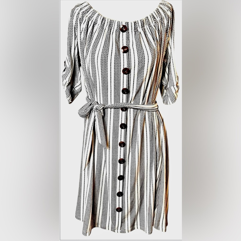 J for Justify Black and White Cold Shoulder Midi Dress with waist tie Belt - Picture 3 of 7
